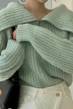 Coquette Aesthetic Solid Big Lapel Neck Half Zip Sweater