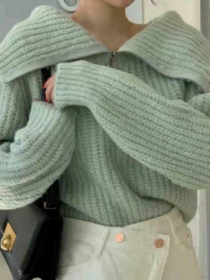 Coquette Aesthetic Solid Big Lapel Neck Half Zip Sweater Coquette Aesthetic Solid Big Lapel Neck Half Zip Sweater