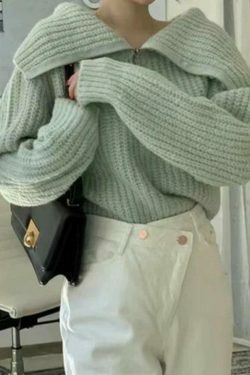 Coquette Aesthetic Solid Big Lapel Neck Half Zip Sweater