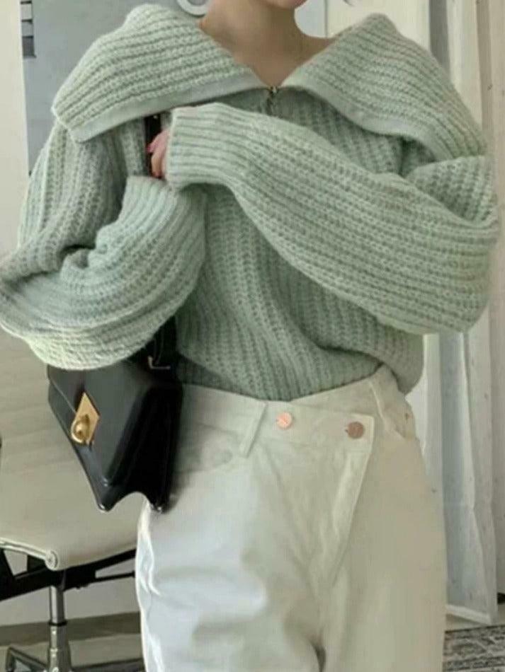 Coquette Aesthetic Solid Big Lapel Neck Half Zip Sweater Coquette Aesthetic Solid Big Lapel Neck Half Zip Sweater