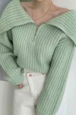 Coquette Aesthetic Solid Big Lapel Neck Half Zip Sweater