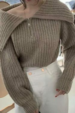 Coquette Aesthetic Solid Big Lapel Neck Half Zip Sweater