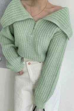 Coquette Aesthetic Solid Big Lapel Neck Half Zip Sweater