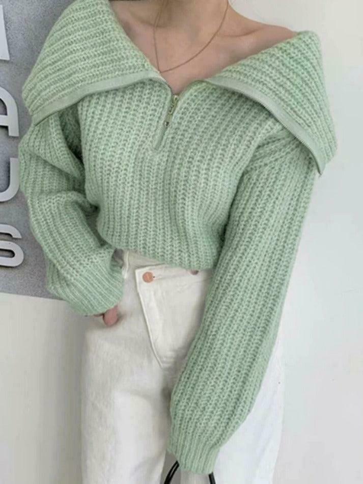 Coquette Aesthetic Solid Big Lapel Neck Half Zip Sweater Coquette Aesthetic Solid Big Lapel Neck Half Zip Sweater