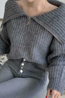 Coquette Aesthetic Solid Big Lapel Neck Half Zip Sweater