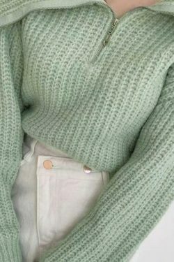 Coquette Aesthetic Solid Big Lapel Neck Half Zip Sweater