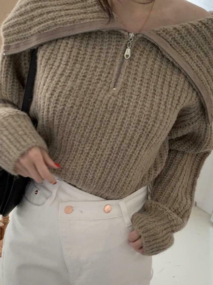 Coquette Aesthetic Solid Big Lapel Neck Half Zip Sweater Coquette Aesthetic Solid Big Lapel Neck Half Zip Sweater