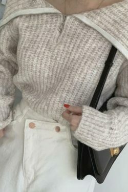 Coquette Aesthetic Solid Big Lapel Neck Half Zip Sweater