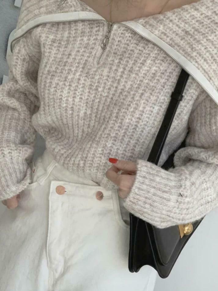 Coquette Aesthetic Solid Big Lapel Neck Half Zip Sweater Coquette Aesthetic Solid Big Lapel Neck Half Zip Sweater