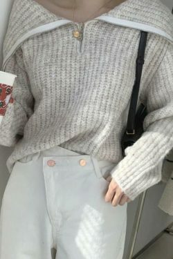 Coquette Aesthetic Solid Big Lapel Neck Half Zip Sweater