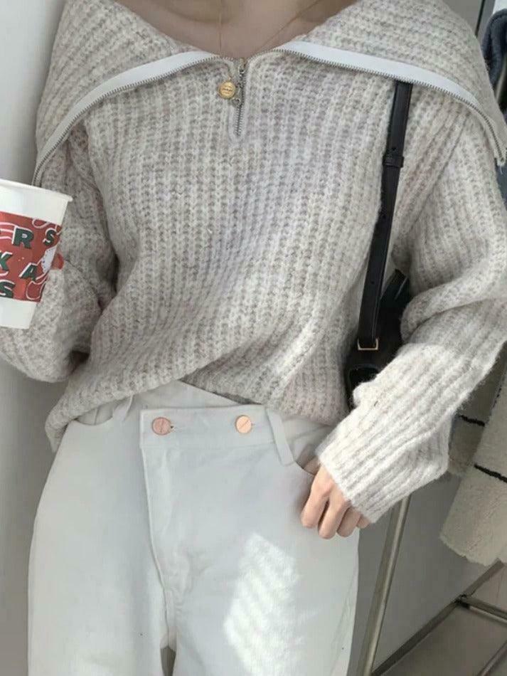 Coquette Aesthetic Solid Big Lapel Neck Half Zip Sweater Coquette Aesthetic Solid Big Lapel Neck Half Zip Sweater