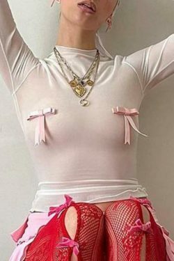 Coquette Aesthetic Solid Bow Decor Long Sleeve Tee