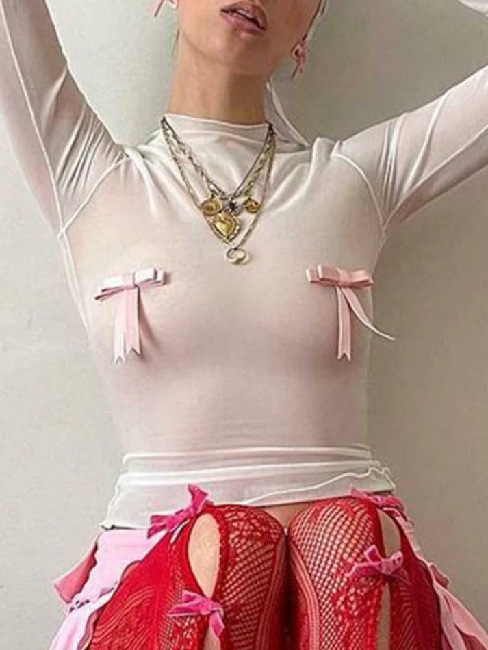 Coquette Aesthetic Solid Bow Decor Long Sleeve Tee Coquette Aesthetic Solid Bow Decor Long Sleeve Tee