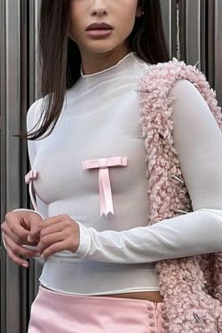 Coquette Aesthetic Solid Bow Decor Long Sleeve Tee