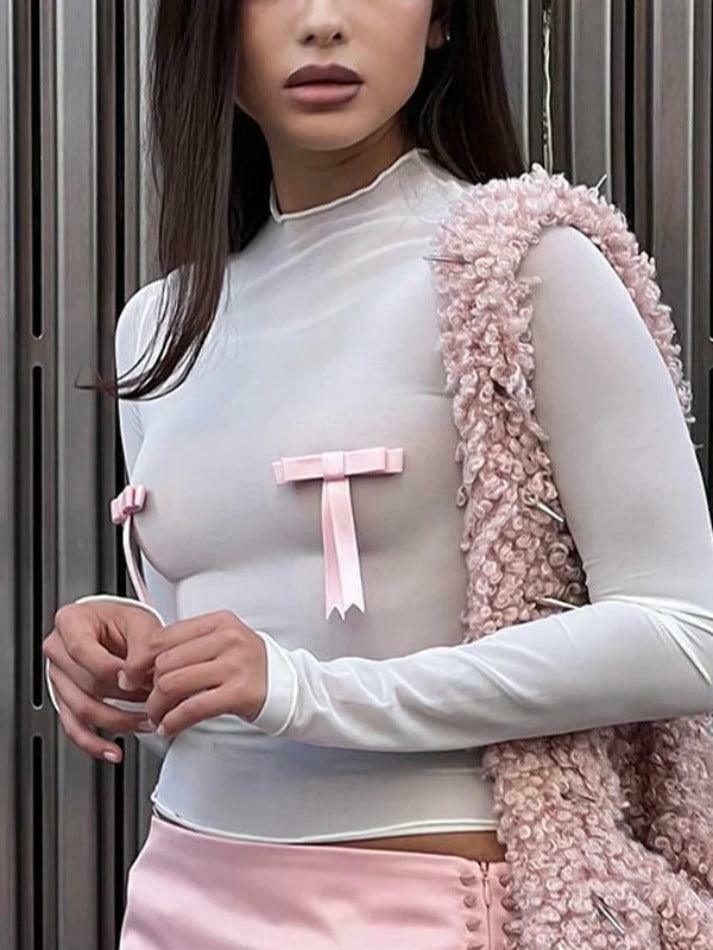 Coquette Aesthetic Solid Bow Decor Long Sleeve Tee Coquette Aesthetic Solid Bow Decor Long Sleeve Tee