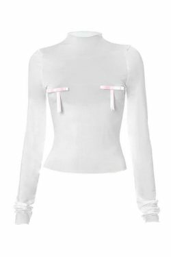 Coquette Aesthetic Solid Bow Decor Long Sleeve Tee