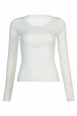 Coquette Aesthetic Solid Breasted Ribbed Long Sleeve Knit Sweater