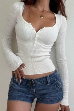 Coquette Aesthetic Solid Breasted Ribbed Long Sleeve Knit Sweater