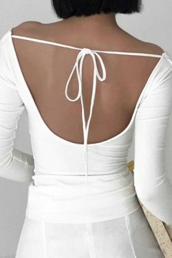 Coquette Aesthetic Solid Color Backless Lacing Long Sleeve Tee - Y2K Fashion Grunge Style