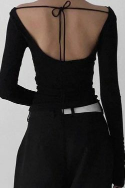 Coquette Aesthetic Solid Color Backless Lacing Long Sleeve Tee - Y2K Fashion Grunge Style