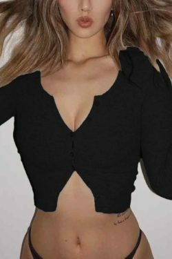 Coquette Aesthetic Solid Color Crop Shirt: Y2K Fashion Long Sleeve Top for Women