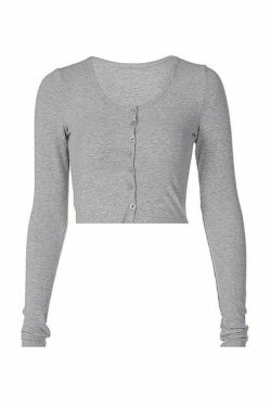 Coquette Aesthetic Solid Color Crop Shirt: Y2K Fashion Long Sleeve Top for Women