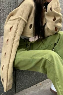 Coquette Aesthetic Solid Color Cutout Crop Long Sleeve Knit Sweater
