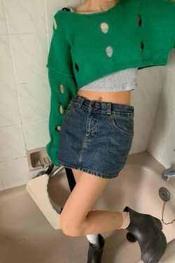 Coquette Aesthetic Solid Color Cutout Crop Long Sleeve Knit Sweater