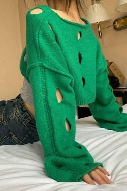Coquette Aesthetic Solid Color Cutout Crop Long Sleeve Knit Sweater