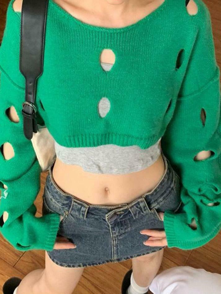 Coquette Aesthetic Solid Color Cutout Crop Long Sleeve Knit Sweater Coquette Aesthetic Solid Color Cutout Crop Long Sleeve Knit Sweater
