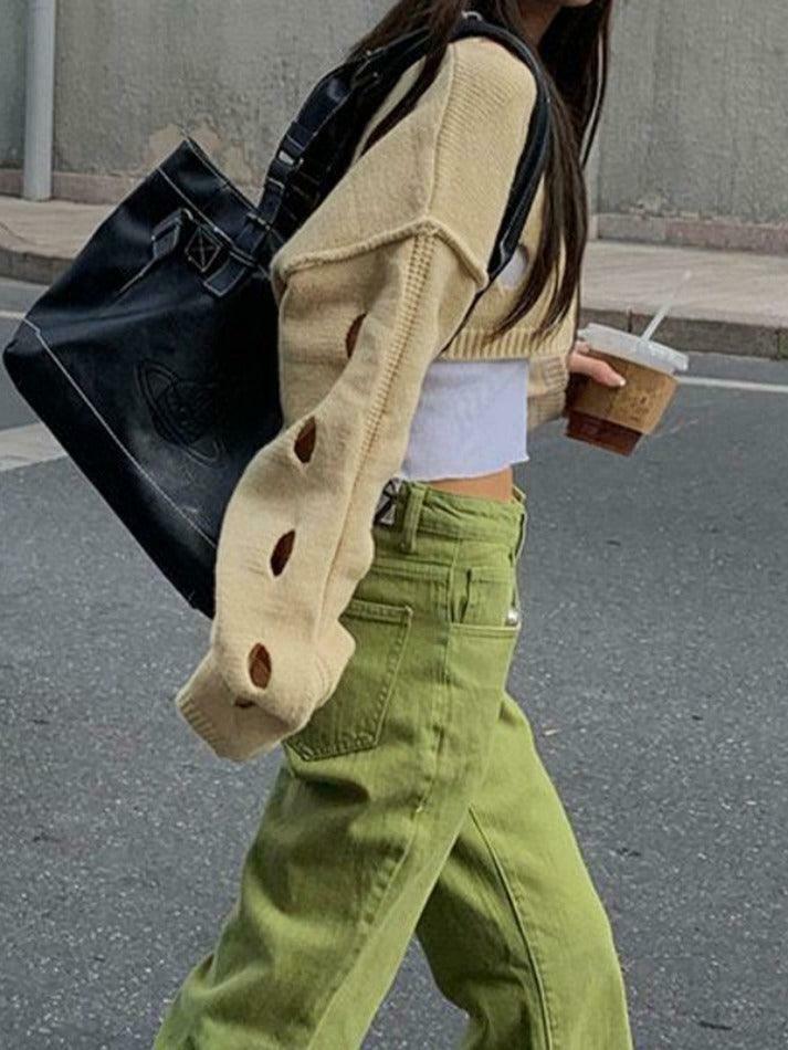 Coquette Aesthetic Solid Color Cutout Crop Long Sleeve Knit Sweater Coquette Aesthetic Solid Color Cutout Crop Long Sleeve Knit Sweater