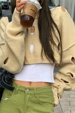 Coquette Aesthetic Solid Color Cutout Crop Long Sleeve Knit Sweater