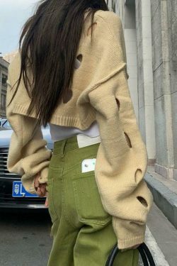 Coquette Aesthetic Solid Color Cutout Crop Long Sleeve Knit Sweater