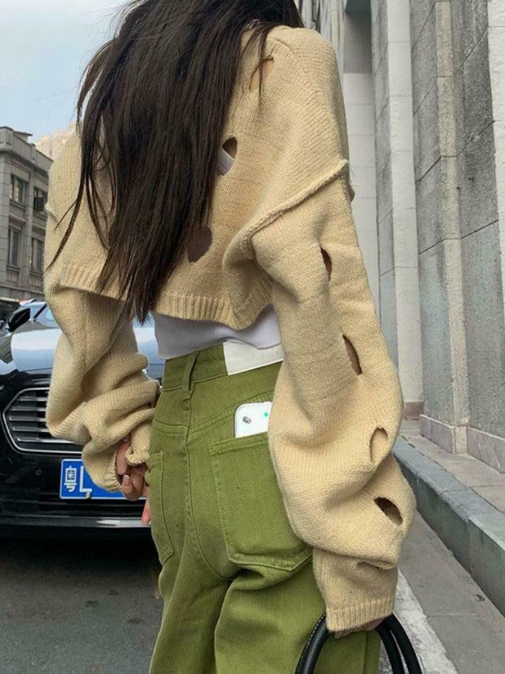 Coquette Aesthetic Solid Color Cutout Crop Long Sleeve Knit Sweater Coquette Aesthetic Solid Color Cutout Crop Long Sleeve Knit Sweater