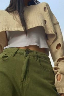 Coquette Aesthetic Solid Color Cutout Crop Long Sleeve Knit Sweater