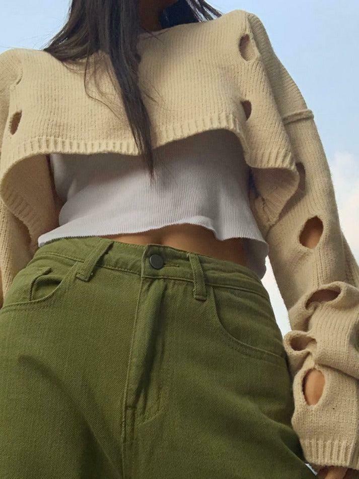 Coquette Aesthetic Solid Color Cutout Crop Long Sleeve Knit Sweater Coquette Aesthetic Solid Color Cutout Crop Long Sleeve Knit Sweater