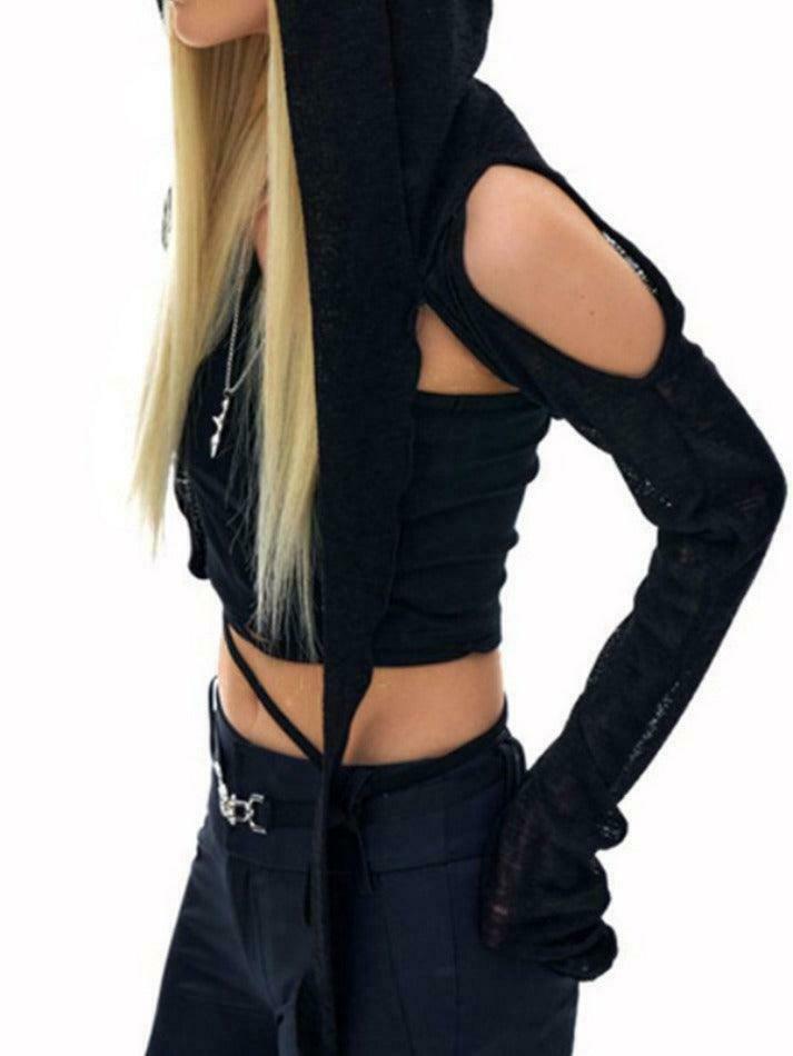 Coquette Aesthetic Solid Color Cutout Hooded Lacing Long Sleeve Tee Coquette Aesthetic Solid Color Cutout Hooded Lacing Long Sleeve Tee