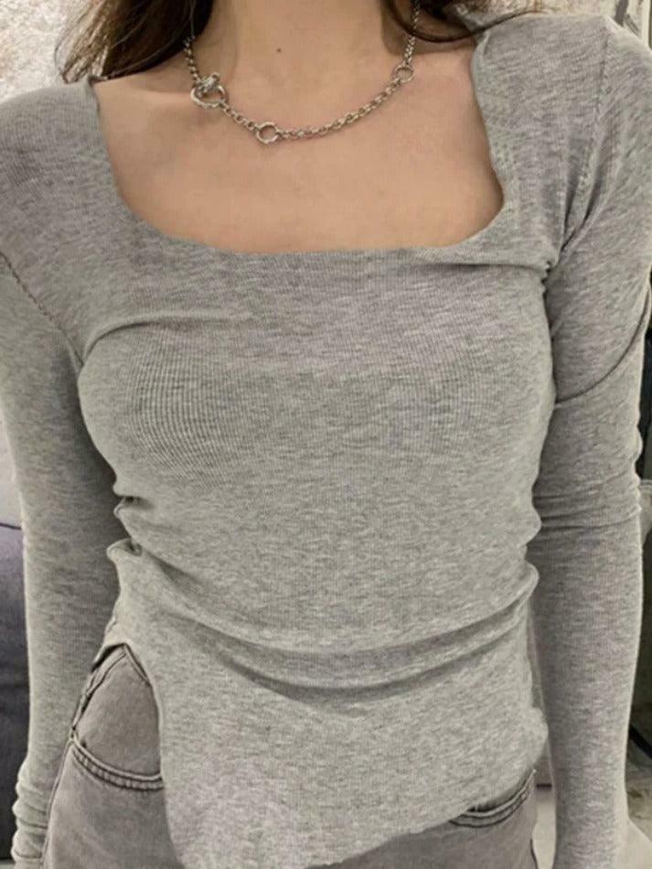 Coquette Aesthetic Solid Color Fungus Trim Long Sleeve Knit Top