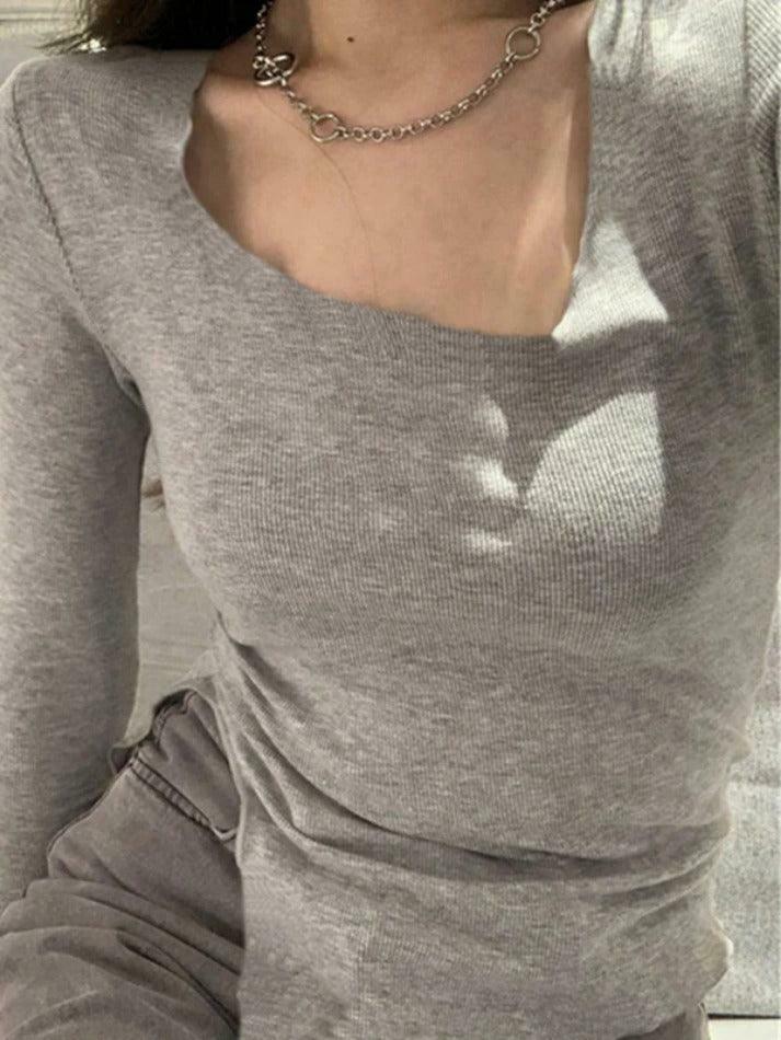 Coquette Aesthetic Solid Color Fungus Trim Long Sleeve Knit Top