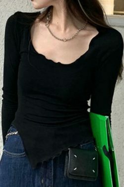 Coquette Aesthetic Solid Color Fungus Trim Long Sleeve Knit Top