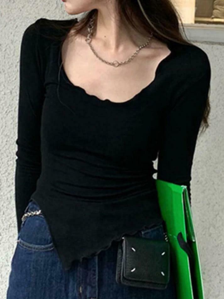 Coquette Aesthetic Solid Color Fungus Trim Long Sleeve Knit Top