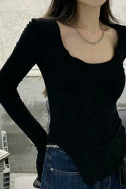 Coquette Aesthetic Solid Color Fungus Trim Long Sleeve Knit Top