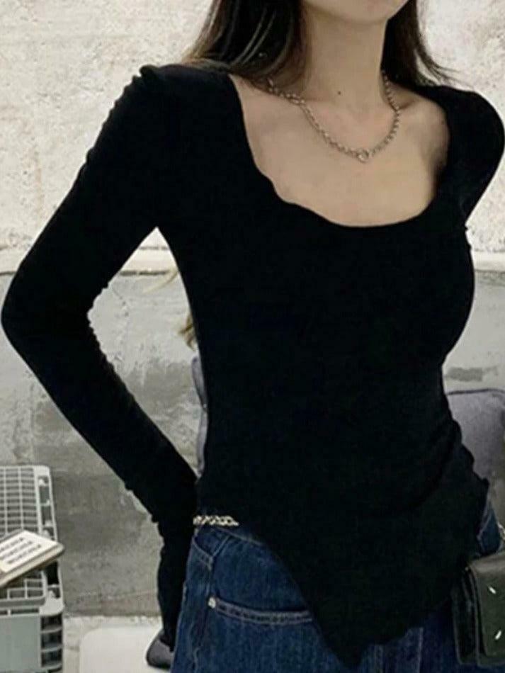 Coquette Aesthetic Solid Color Fungus Trim Long Sleeve Knit Top