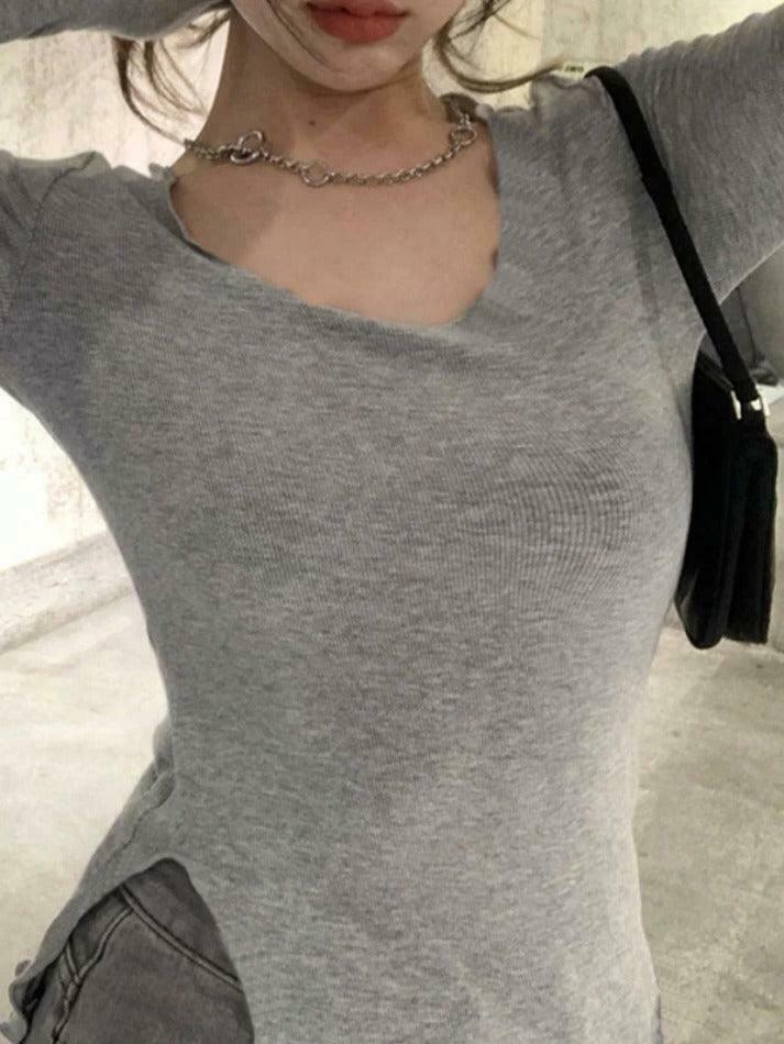 Coquette Aesthetic Solid Color Fungus Trim Long Sleeve Knit Top