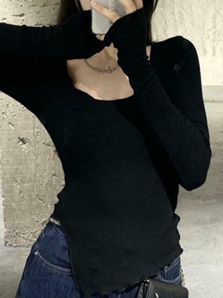 Coquette Aesthetic Solid Color Fungus Trim Long Sleeve Knit Top