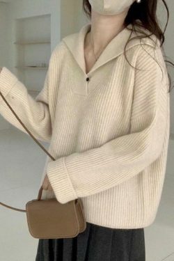 Coquette Aesthetic Solid Color Lapel Neck Baggy Sweater