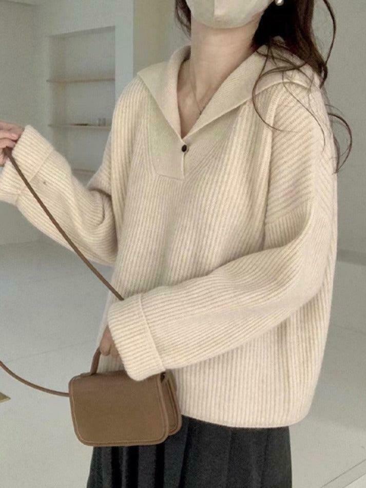 Coquette Aesthetic Solid Color Lapel Neck Baggy Sweater Coquette Aesthetic Solid Color Lapel Neck Baggy Sweater