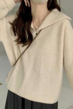 Coquette Aesthetic Solid Color Lapel Neck Baggy Sweater