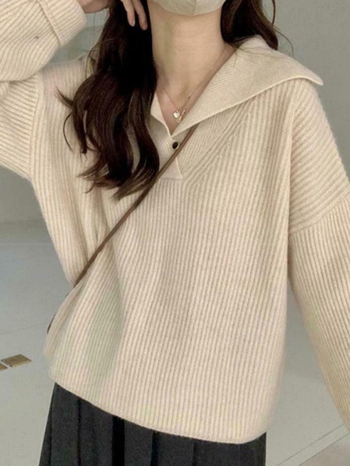 Coquette Aesthetic Solid Color Lapel Neck Baggy Sweater Coquette Aesthetic Solid Color Lapel Neck Baggy Sweater
