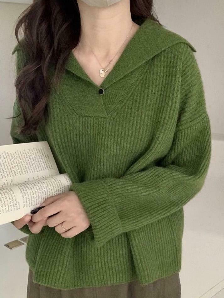 Coquette Aesthetic Solid Color Lapel Neck Baggy Sweater Coquette Aesthetic Solid Color Lapel Neck Baggy Sweater
